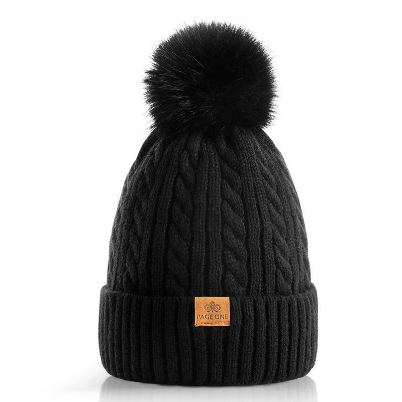 PAGE ONE Women Winter Pom Pom Beanie Hats Warm Fleece Lined,Chunky Trendy Cute Chenille Knit Twist Cap